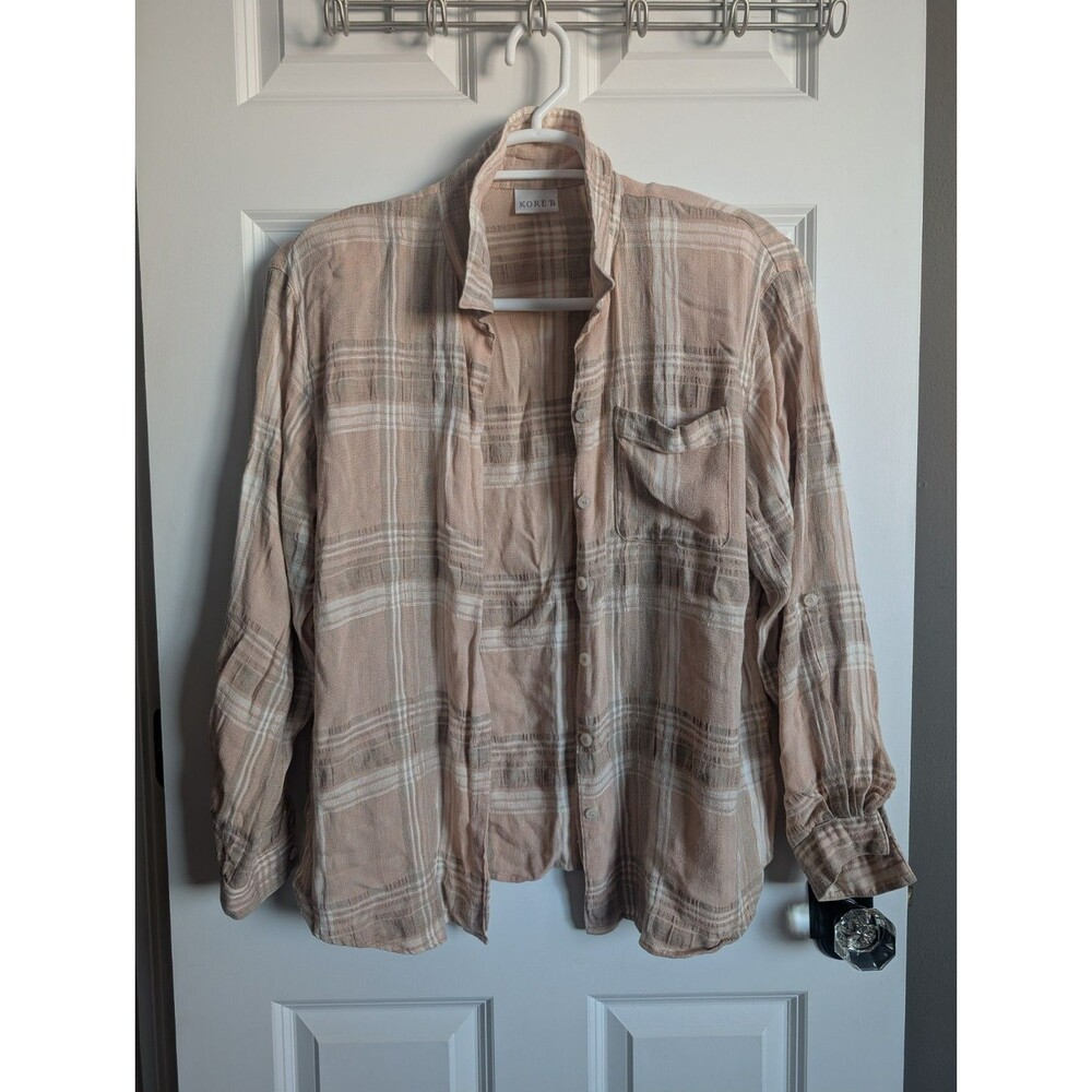 VTG Koret XL Plaid Linen Blend gauzy Shoulder Pads Button Down Shirt